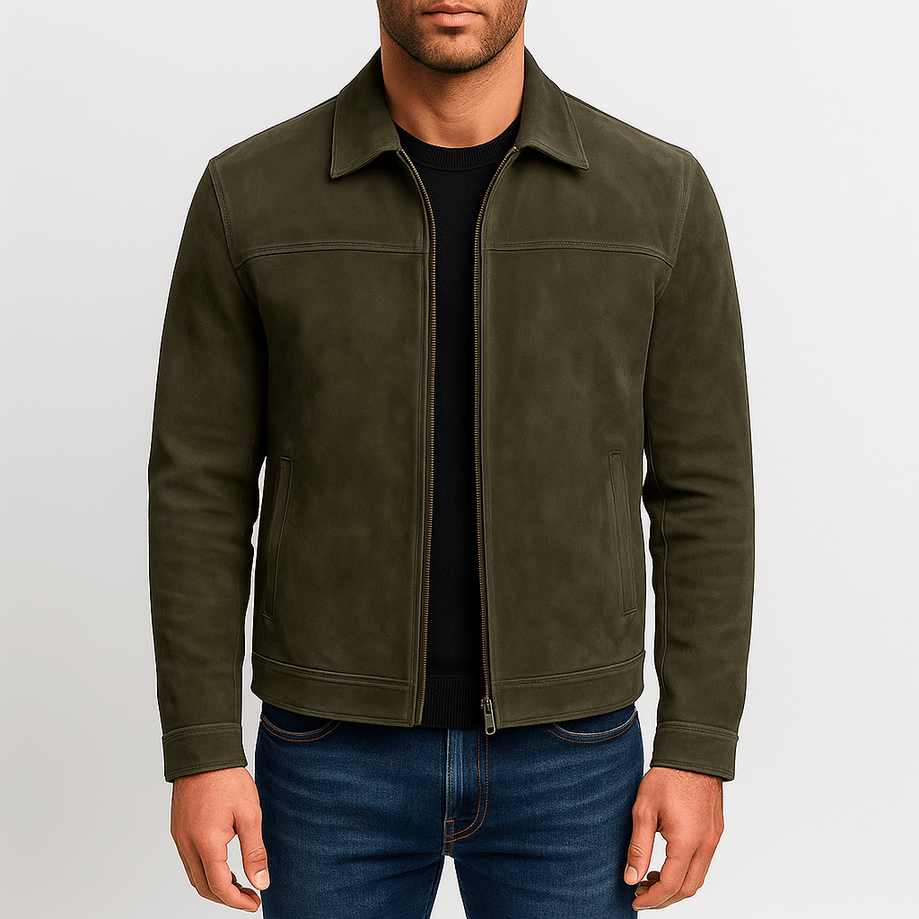 Men's leather jacket with zip front in Green – view 2