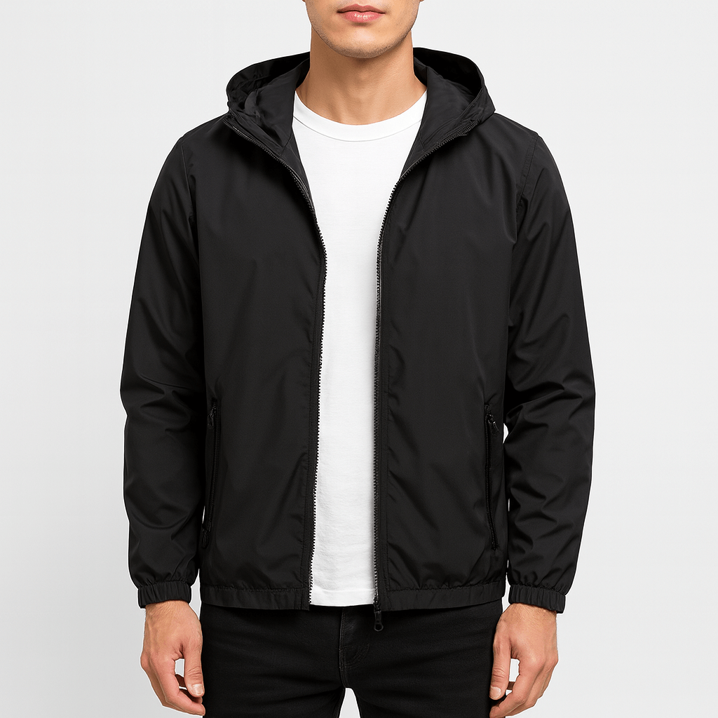 Men's lightweight waterproof jacket with hood in Black – view 8