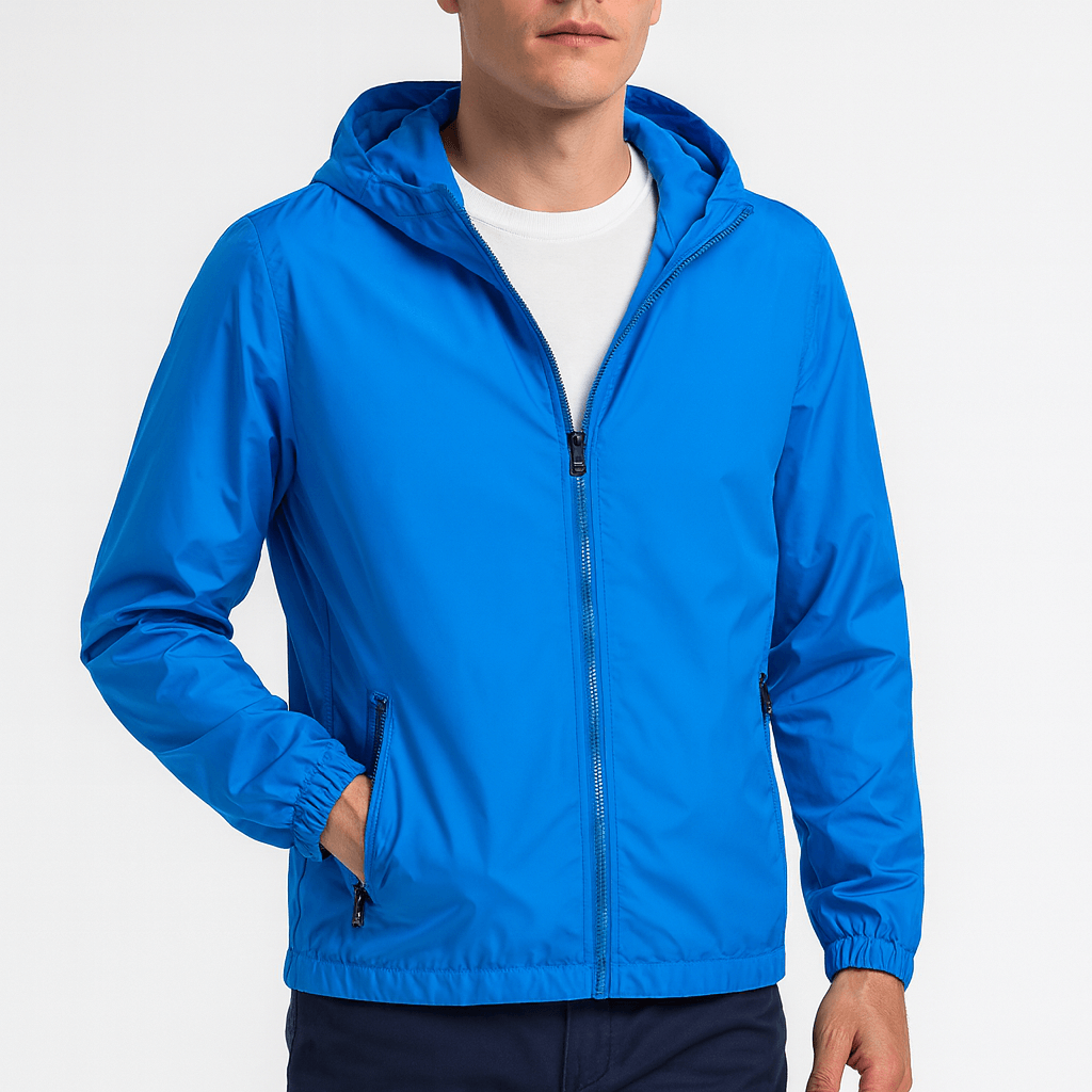 Men's lightweight waterproof jacket with hood in Blue – view 3