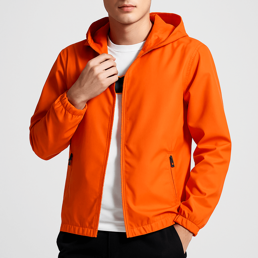 Men's lightweight waterproof jacket with hood in Orange