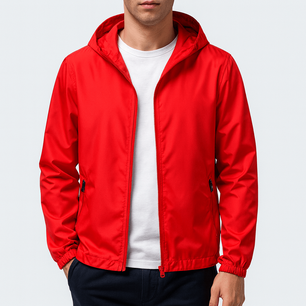 Men's lightweight waterproof jacket with hood in Red – view 2