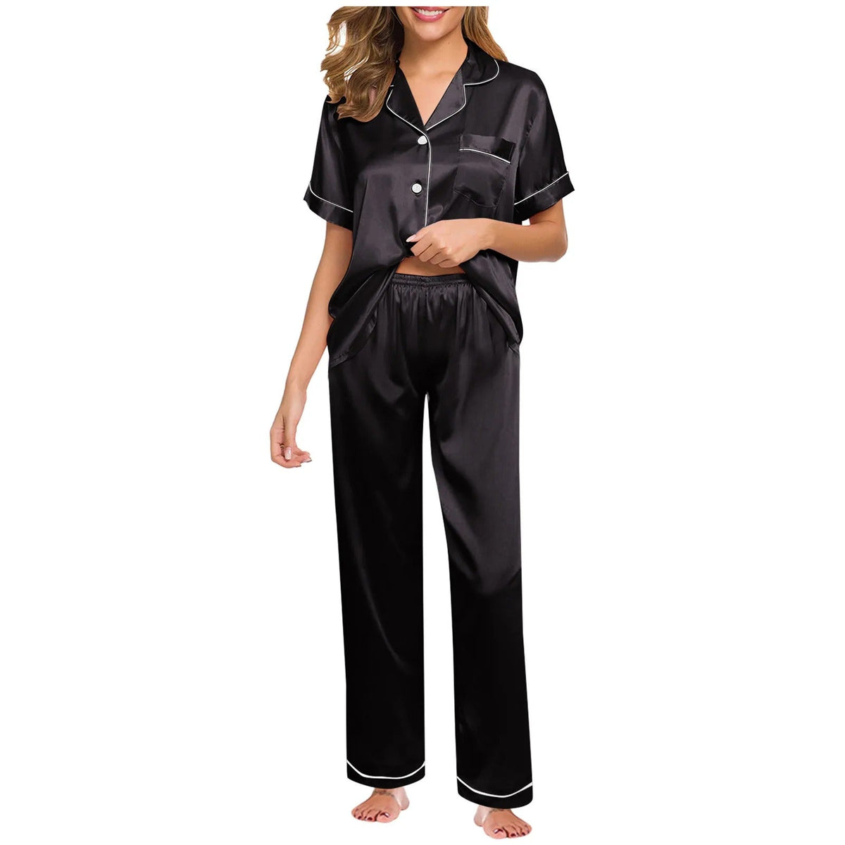 Seraphina women's satin silk pyjamas in Black – view 7