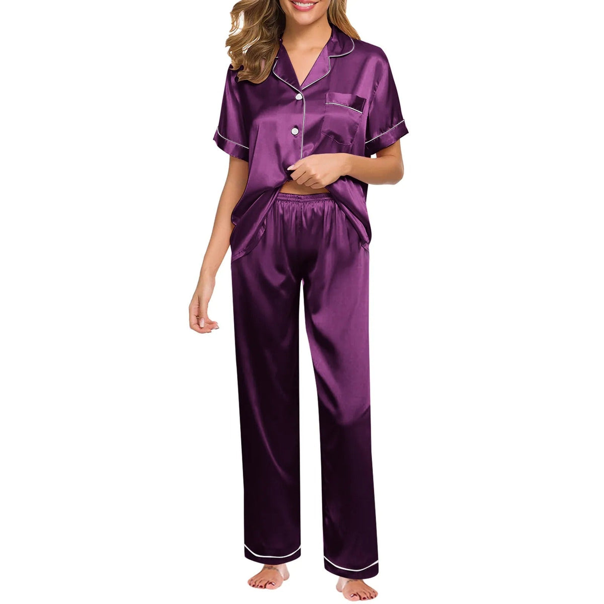Seraphina women's satin silk pyjamas in Purple – view 15