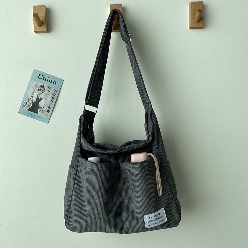 Women's canvas shoulder bag with corduroy details in Grey – view 2