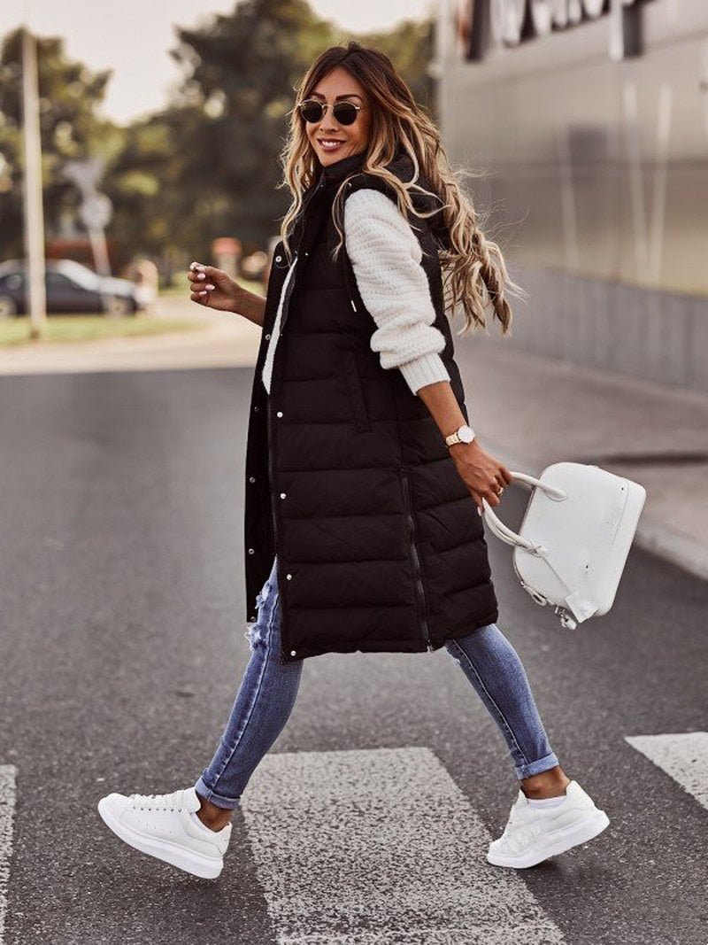 Women's long padded gilet in Black
