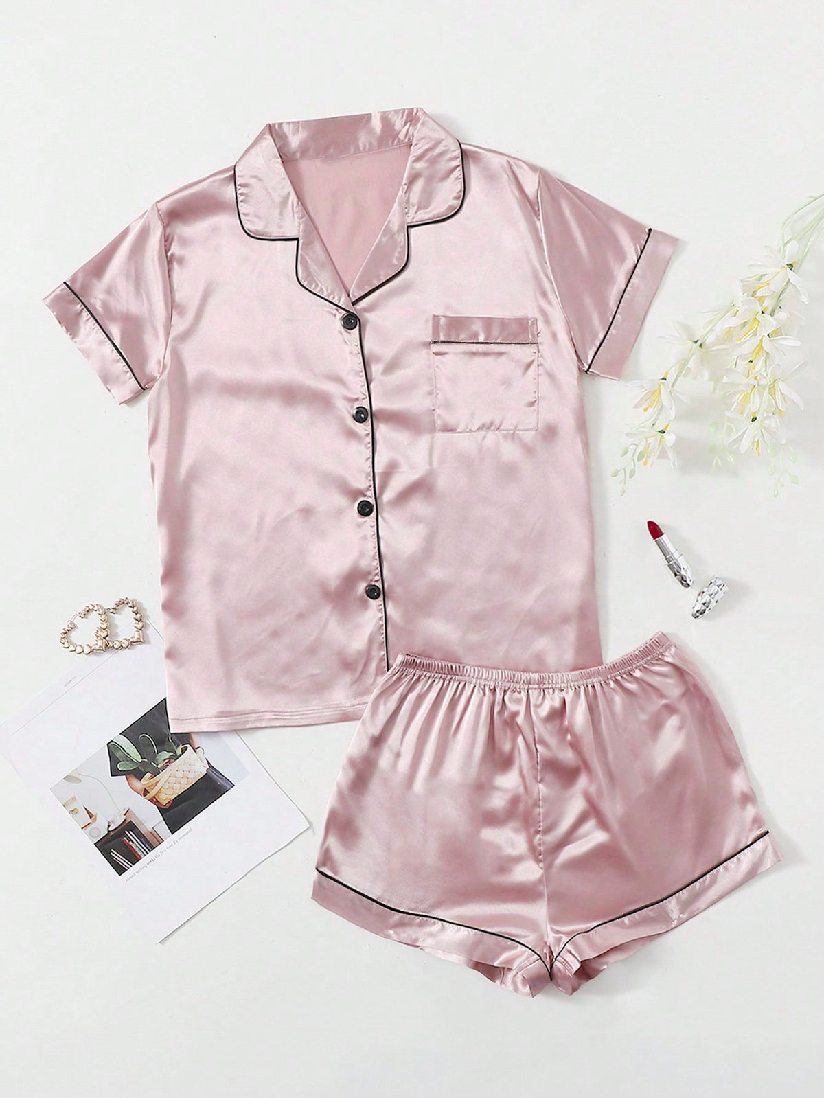 Women's satin pyjama set with contrast piping – view 12