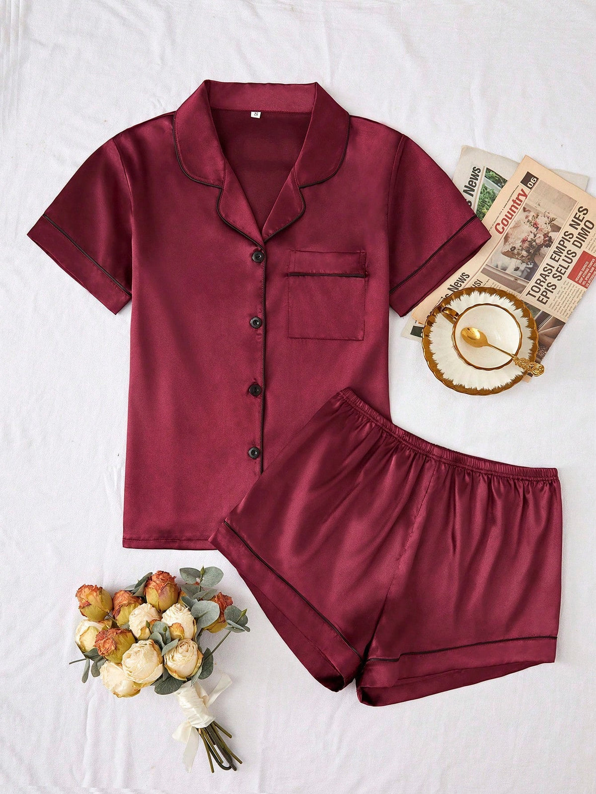 Women's satin pyjama set with contrast piping – view 15