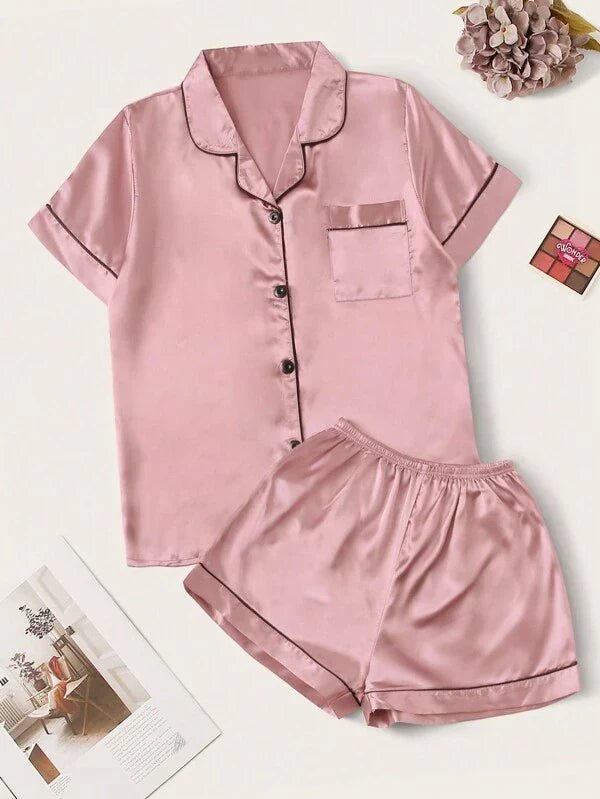 Women's satin pyjama set with contrast piping – view 2