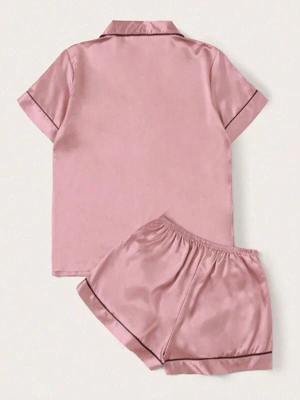 Women's satin pyjama set with contrast piping – view 3