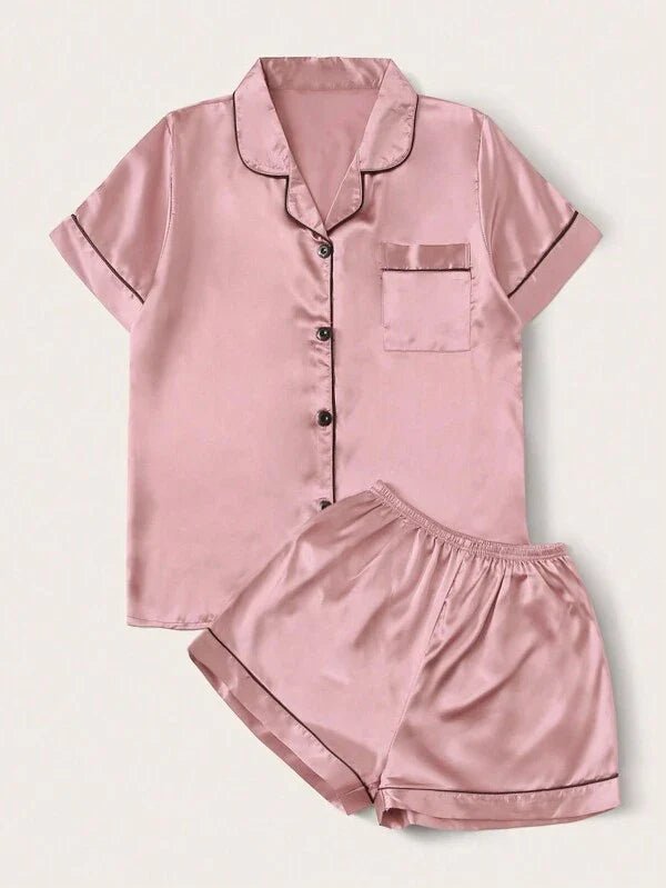 Women's satin pyjama set with contrast piping – view 4