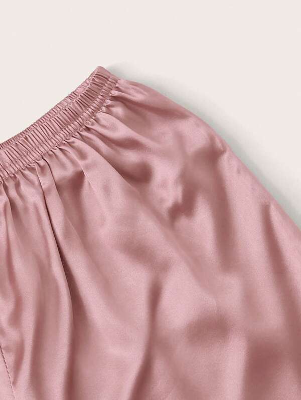 Women's satin pyjama set with contrast piping – view 6