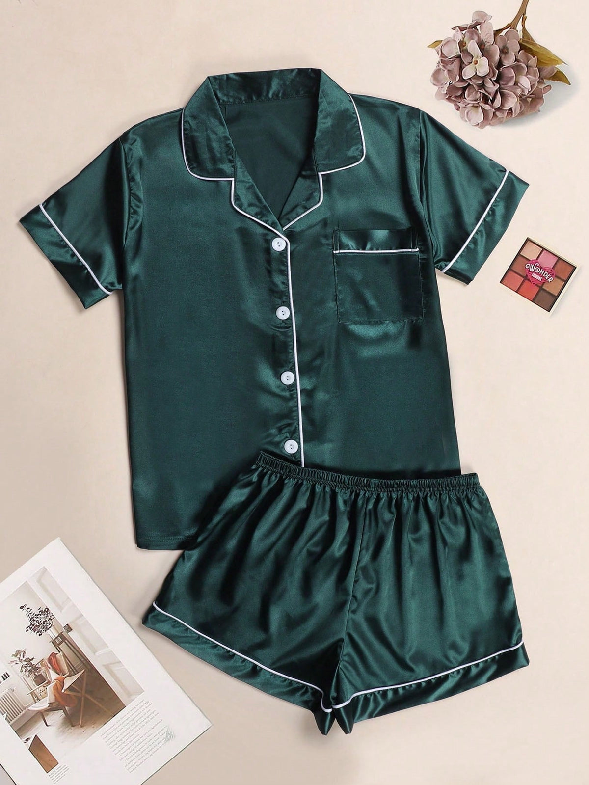 Women's satin pyjama set with contrast piping in Dark Green – view 8