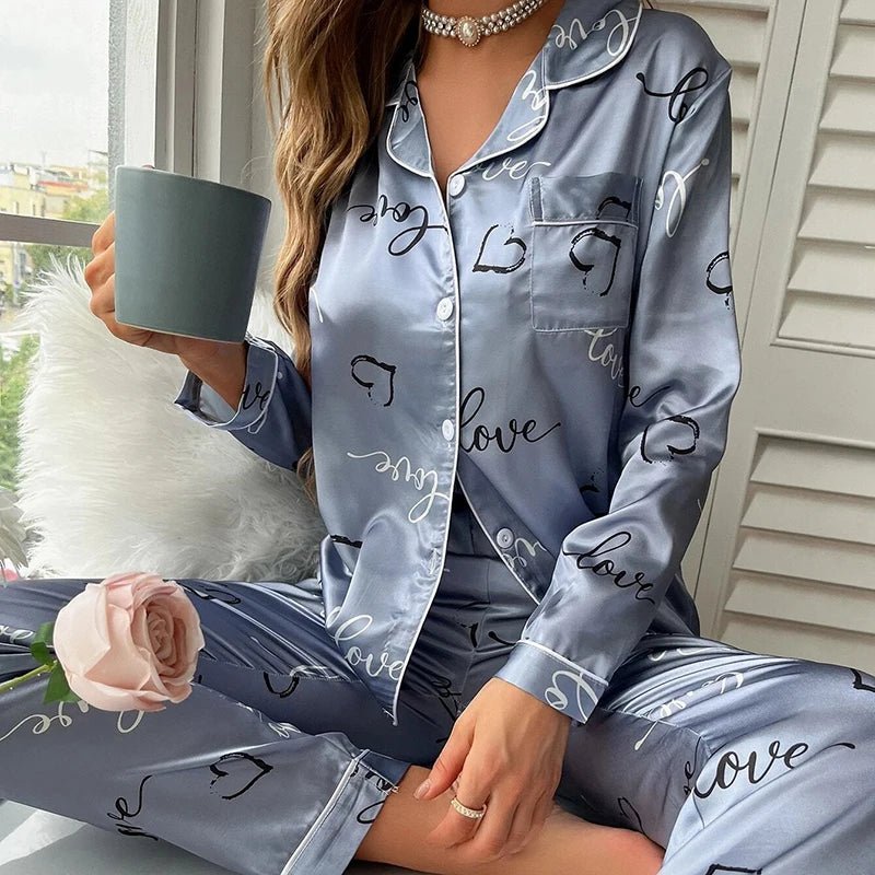 Amélie women's silk satin pyjamas in Blue & White – view 7