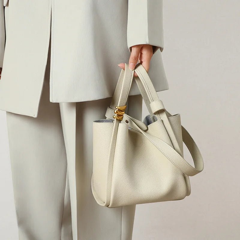 Genuine leather bucket shoulder bag in White