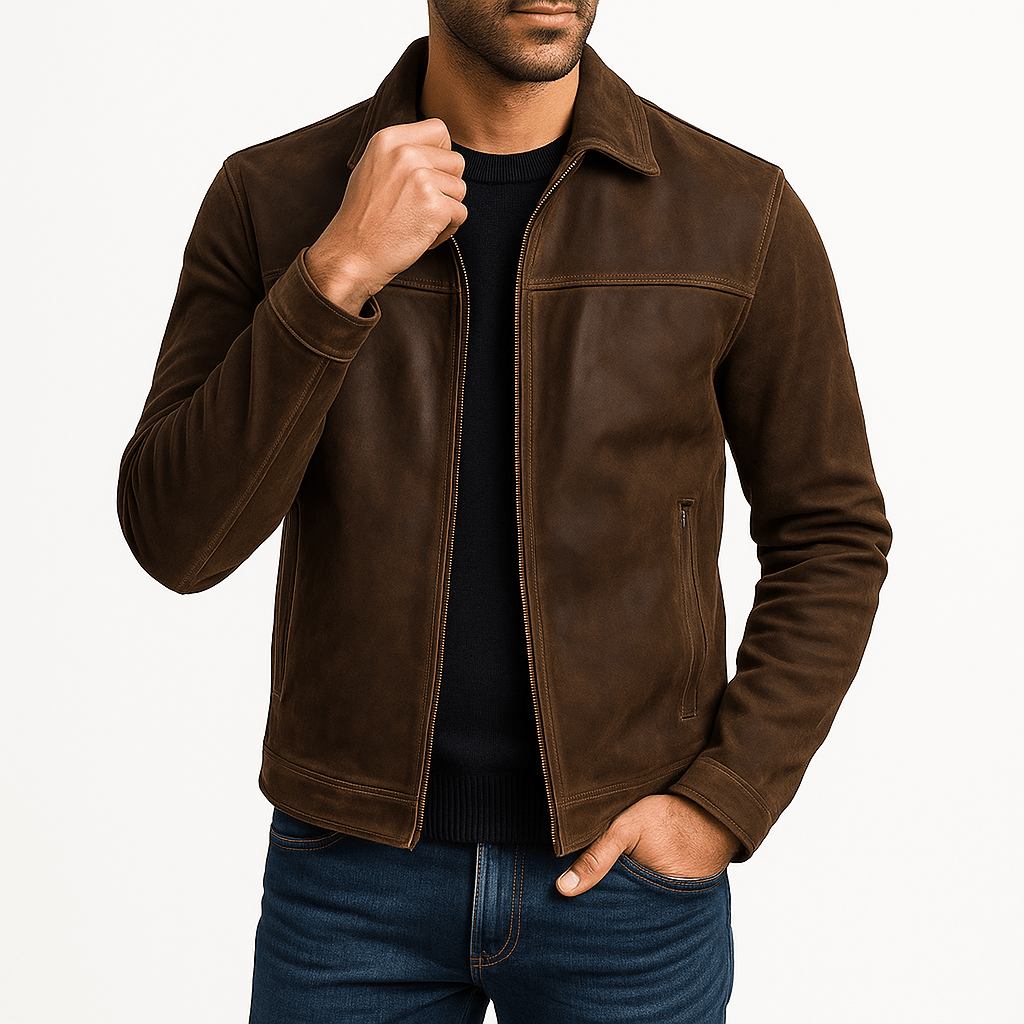 Men's leather jacket with zip front in Brown