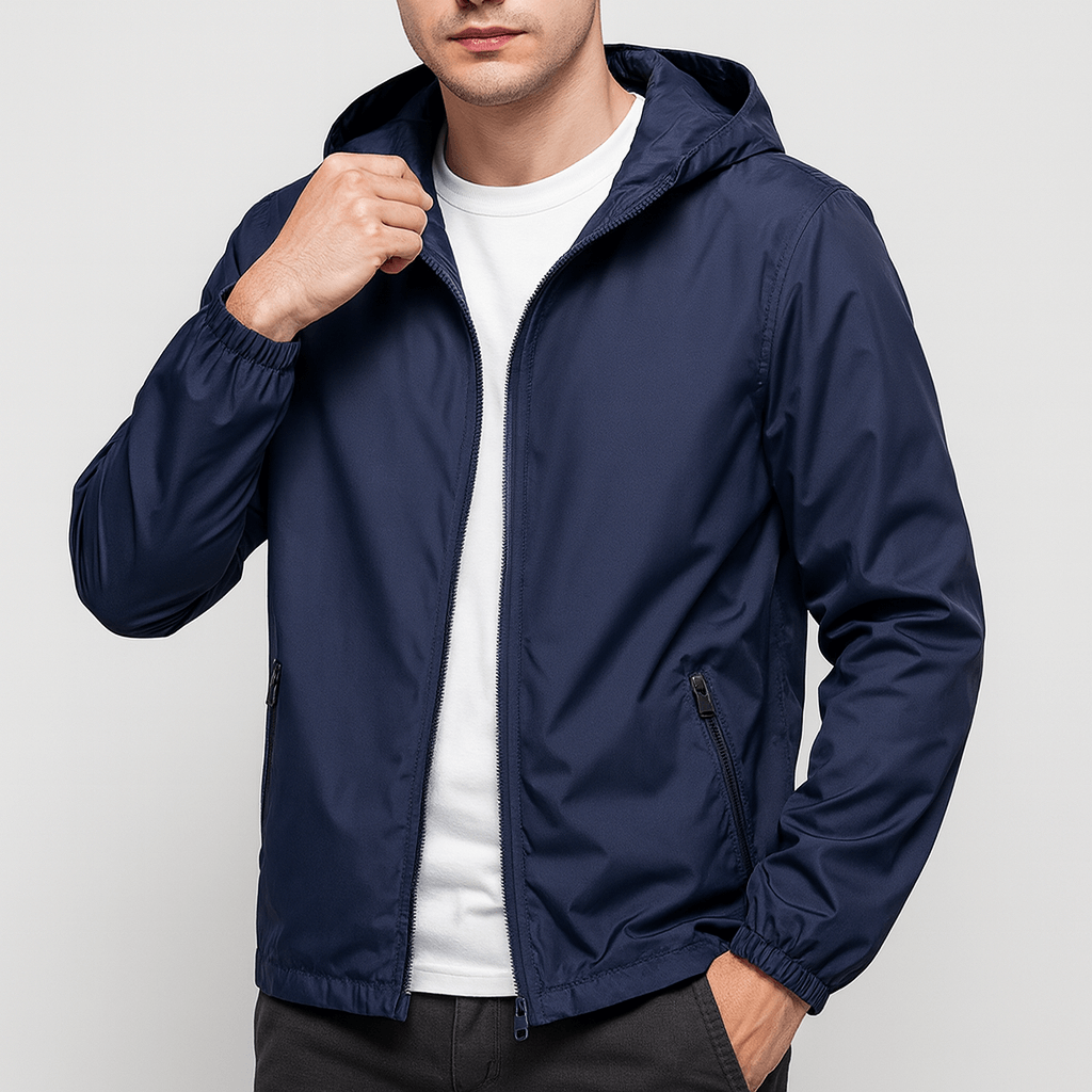 Men's lightweight waterproof jacket with hood in Dark Blue – view 9