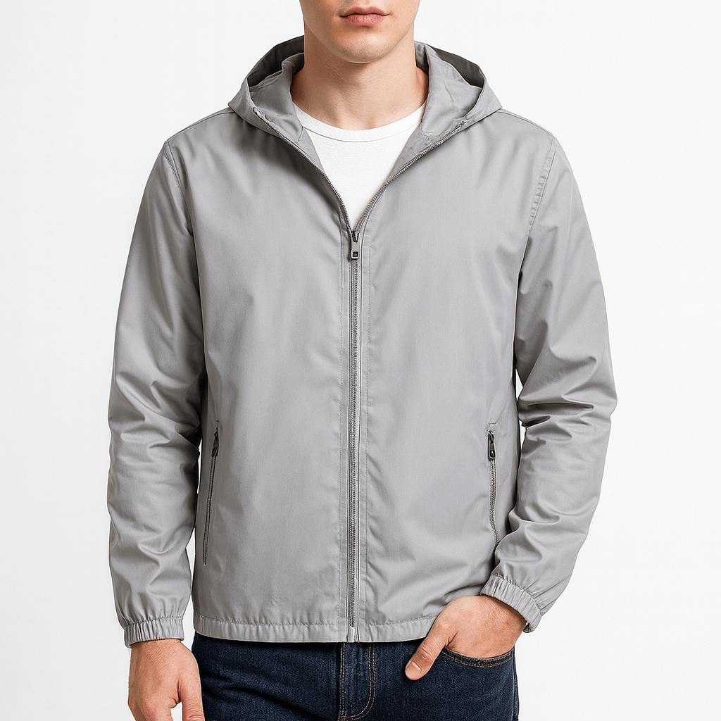 Men's lightweight waterproof jacket with hood in Light Grey – view 6