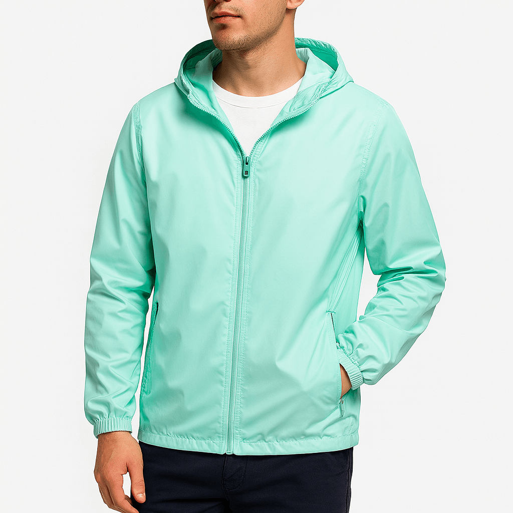 Men's lightweight waterproof jacket with hood in Turquoise – view 5