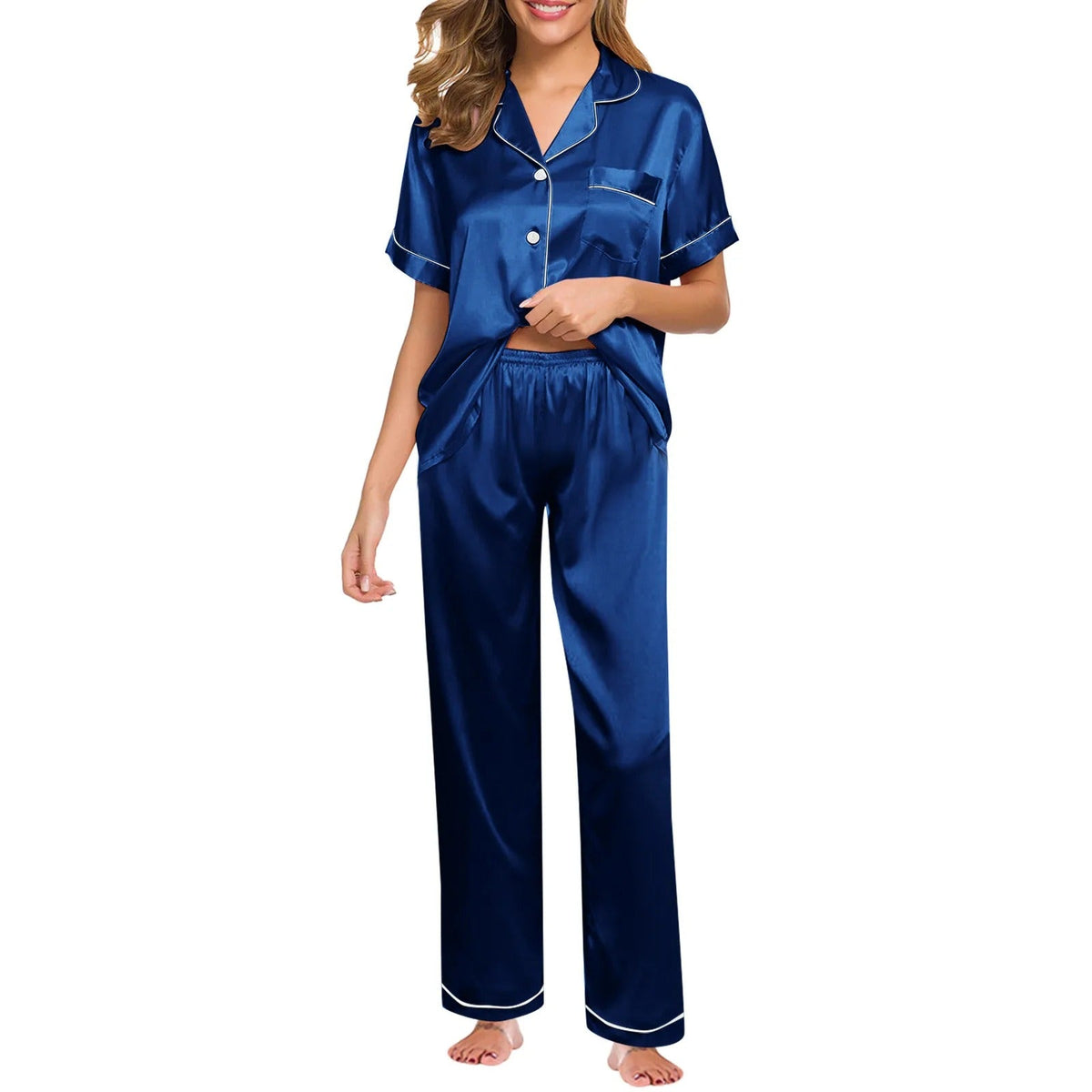 Seraphina women's satin silk pyjamas in Blue – view 8