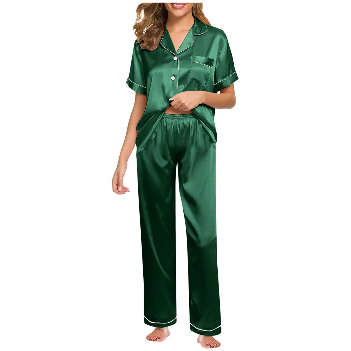 Seraphina women's satin silk pyjamas in Green – view 10