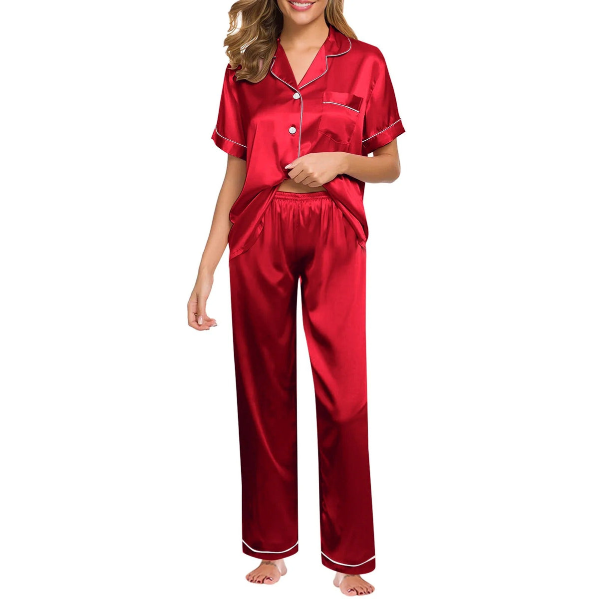 Seraphina women's satin silk pyjamas in Red – view 11
