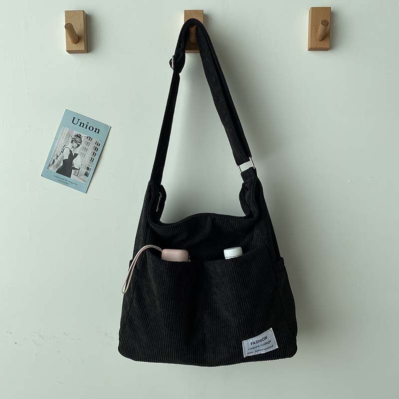 Women's canvas shoulder bag with corduroy details in Black – view 5