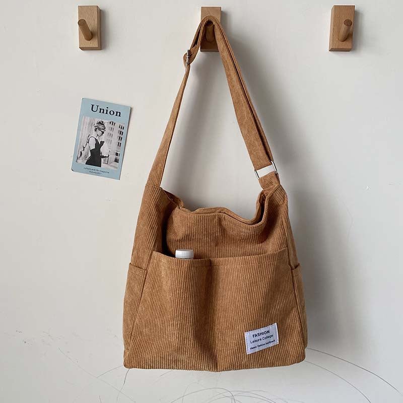 Women's canvas shoulder bag with corduroy details in Brown – view 4