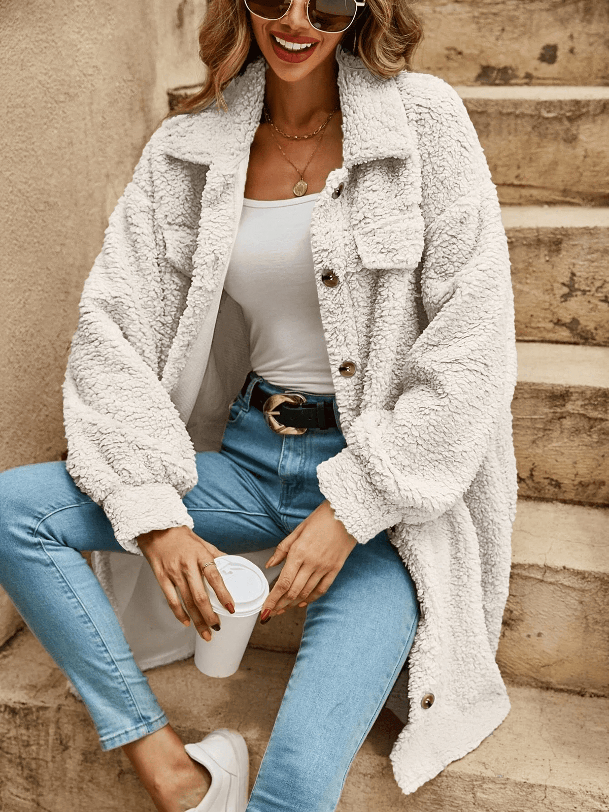 Women's long button-front cardigan in White