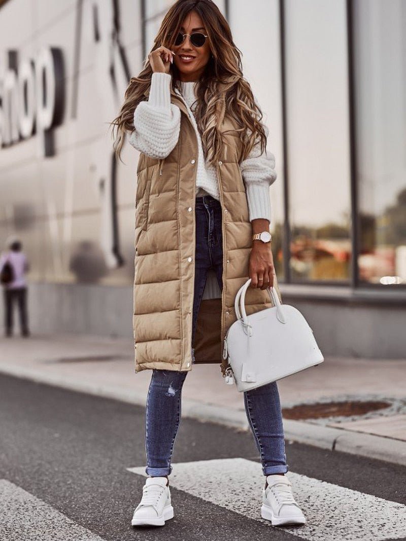 Women's long padded gilet in Beige – view 2