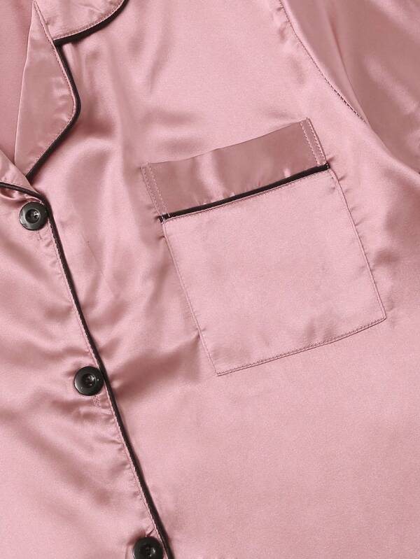 Women's satin pyjama set with contrast piping – view 5