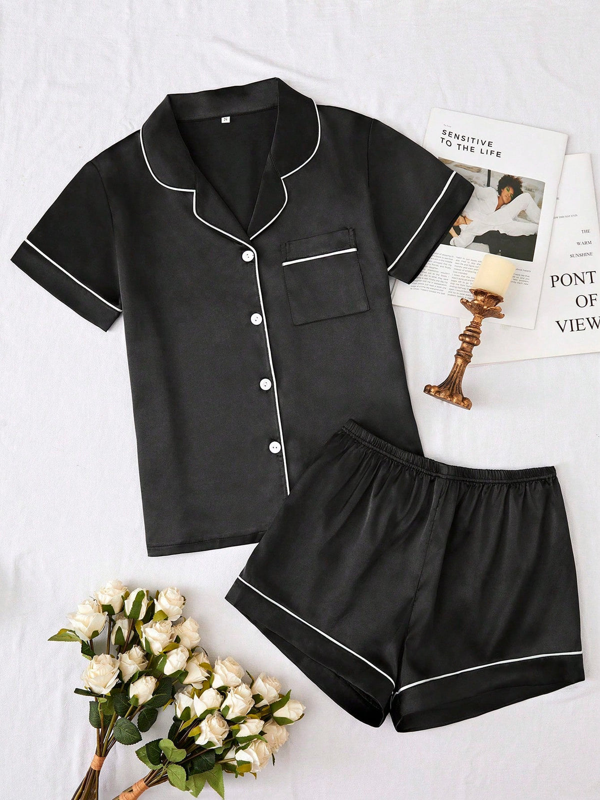 Women's satin pyjama set with contrast piping in Black – view 11