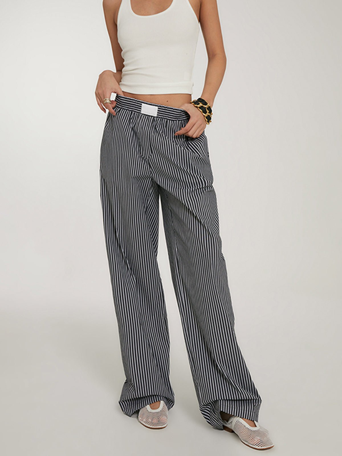 Women's striped wide-leg trousers in Black