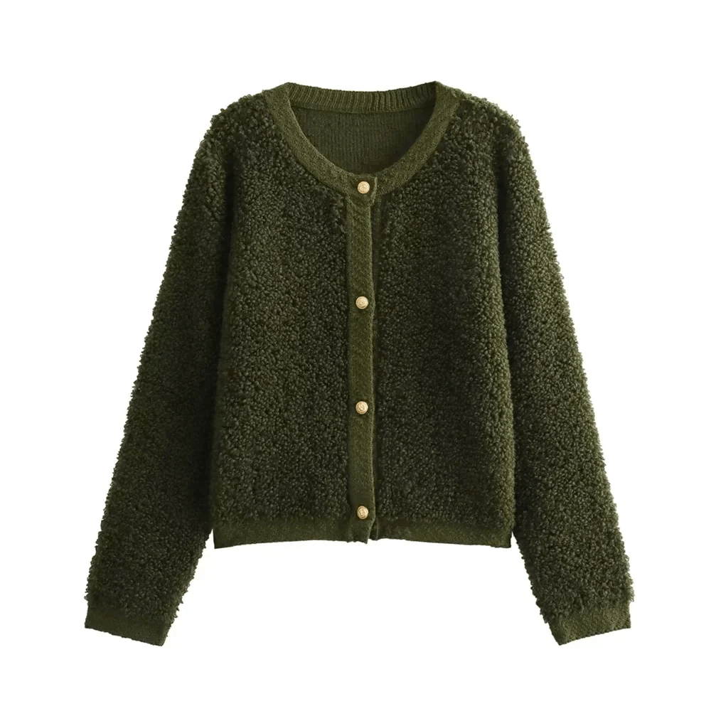 Women's teddy fleece cardigan in Green – view 7