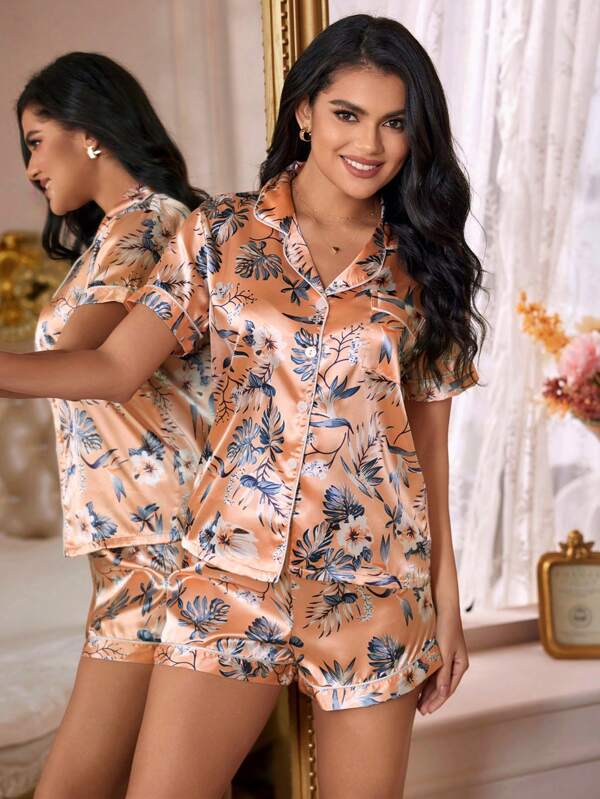 Women's tropical print satin pyjama set – view 4